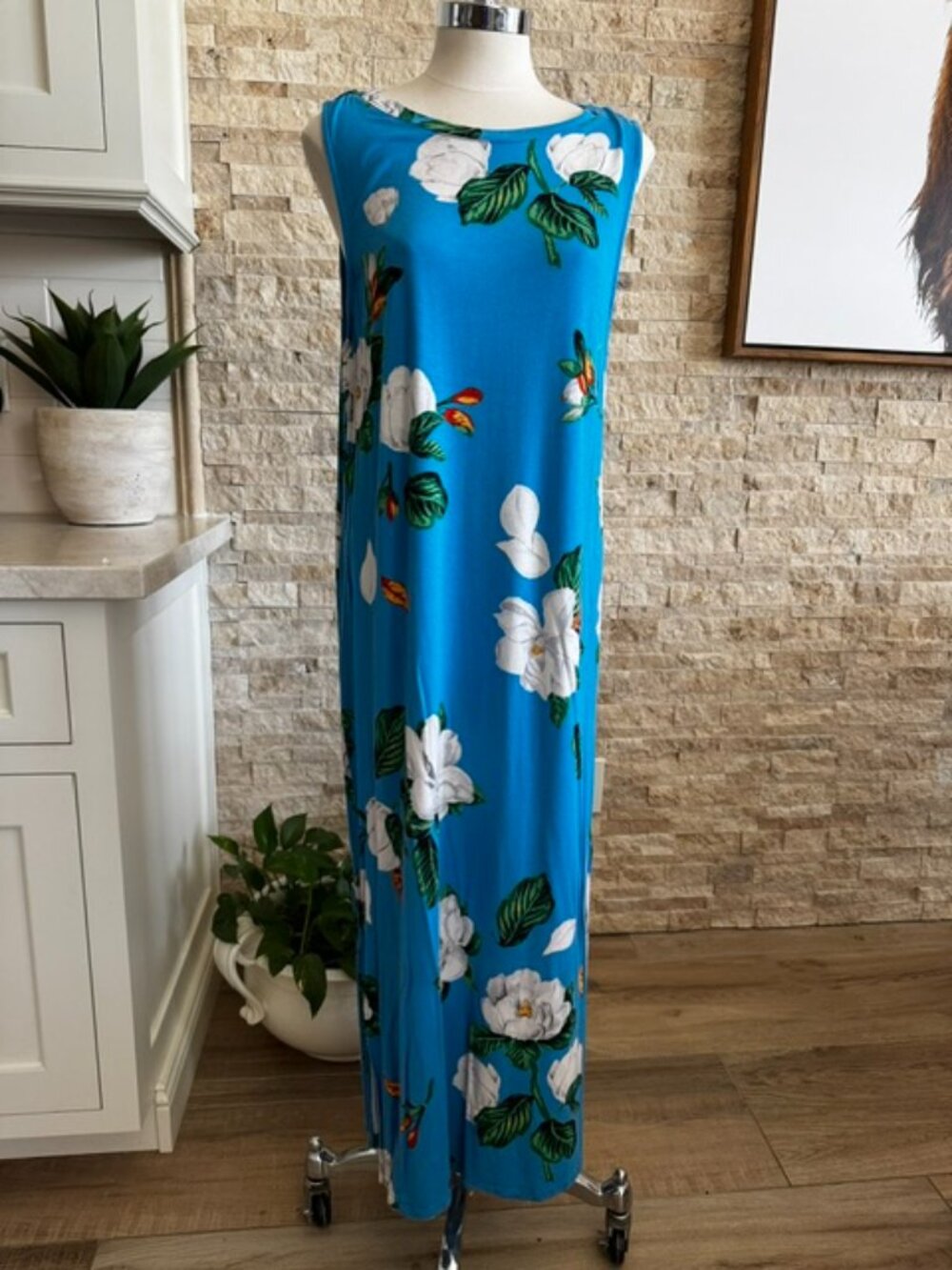 SOMA XL Cool Night's Lounge Maxi Dress Sleeveless Blue Cascading Magnolias NWOT